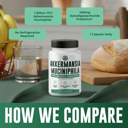 Akkermansia Muciniphila Supplement With Prebiotics, 30 Capsules | 1 Billion CFU With XOS Prebiotic - Supports Gut Health, Mirobiome Balance & Digestive Health - Gluten Free