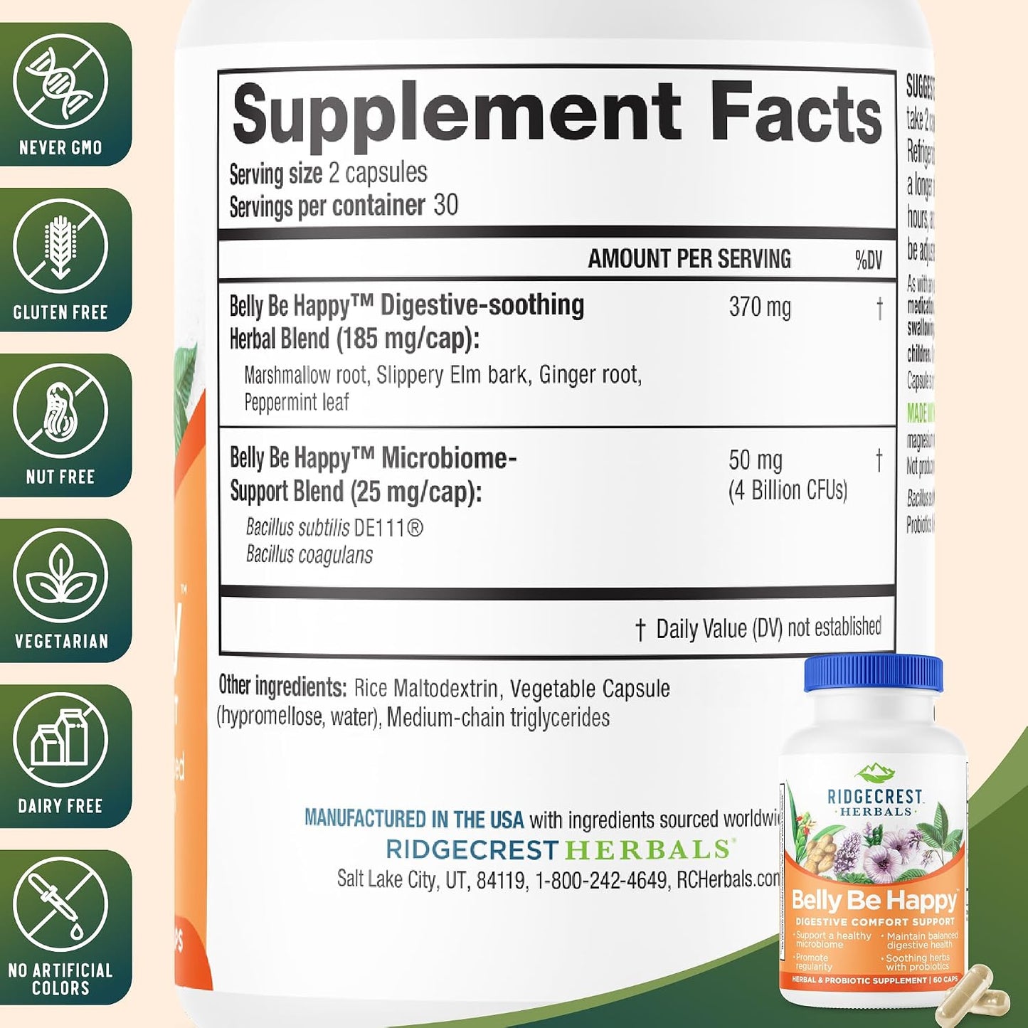 RidgeCrest Herbals Belly Be Happy Probiotic Gut Health Formula 60 Ct | 30 Servings, 4 Billion CFUs, Ginger Root, Peppermint, Slippery Elm, Daily Digestive Comfort and Gut Wellness Blend