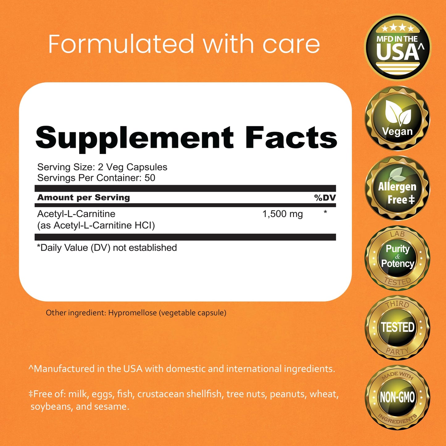 NaturaLife Labs Acetyl L-Carnitine (ALCAR) 1500 mg per Serving – 100 Capsules – Non-GMO, Gluten-Free, Vegan