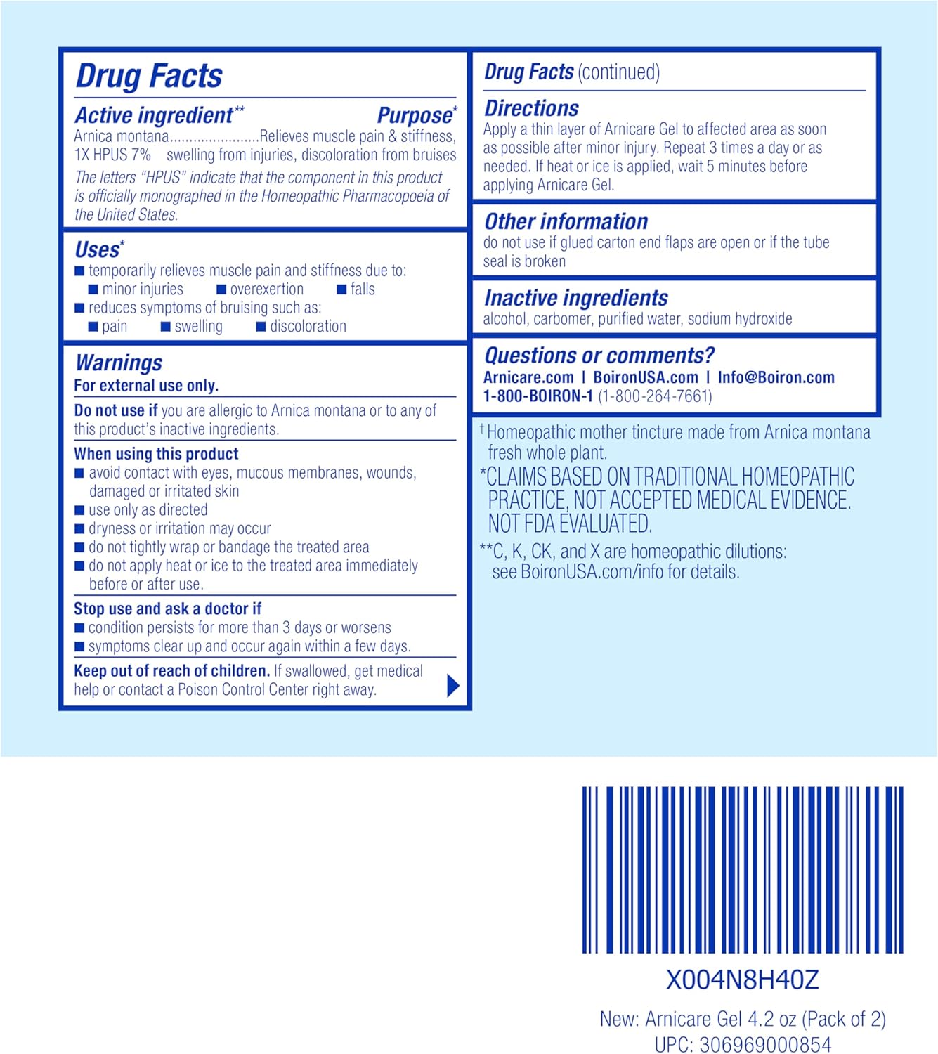 Boiron Arnicare Gel 4.2 oz (Twin Pack) for Joint Pain Relief, Muscle Pain, Muscle Soreness, and Swelling from Bruises or Injury - Non-Greasy and Fragrance-Free Arnica