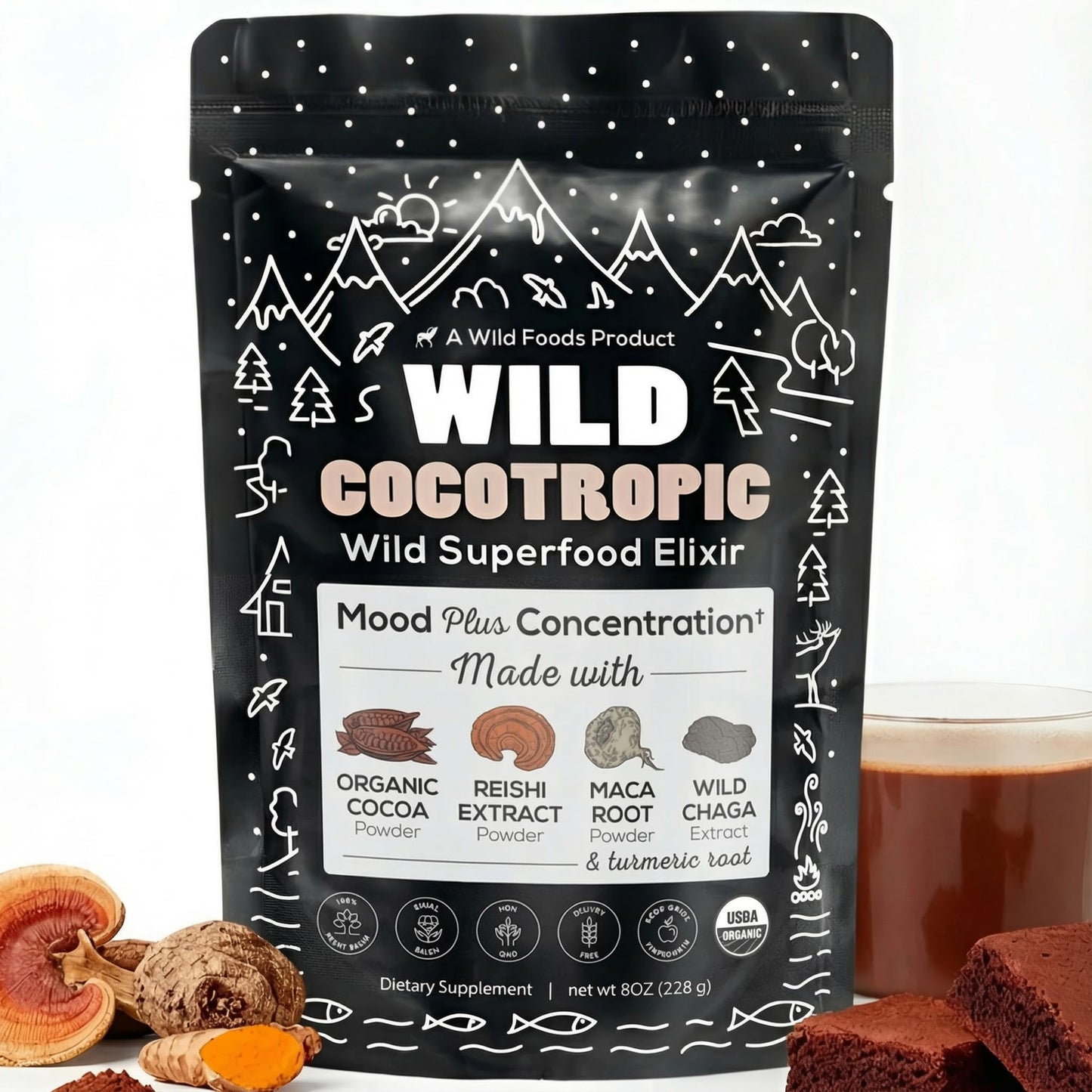 Organic Cocotropic Mushroom Hot Cocoa - Mushroom Coffee Alternative | Sugar Free Hot Chocolate | Organic Cocoa Powder, Reishi Mushrooms, Chaga, Maca Root, Turmeric | Delicious Sustained Focus, Energy & Mood Without Jitters | 16oz