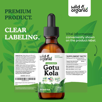Wild & Organic Gotu Kola Extract Drops - Brain Support with Centella Asiatica Extract - Liquid Gotu Kola Supplement for Focus - Vegan, Sugar & Alcohol-Free Herb Tincture - 4 fl oz