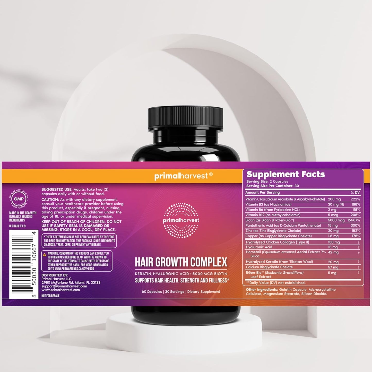 Primal Harvest Hair Growth Vitamins, Hair Growth for Women & Men - 60 Hair Growth Pills, Natural Hair Thickening Products for w/Biotin & Zinc - Hair Supplement, Regrowth Hair Vitamins