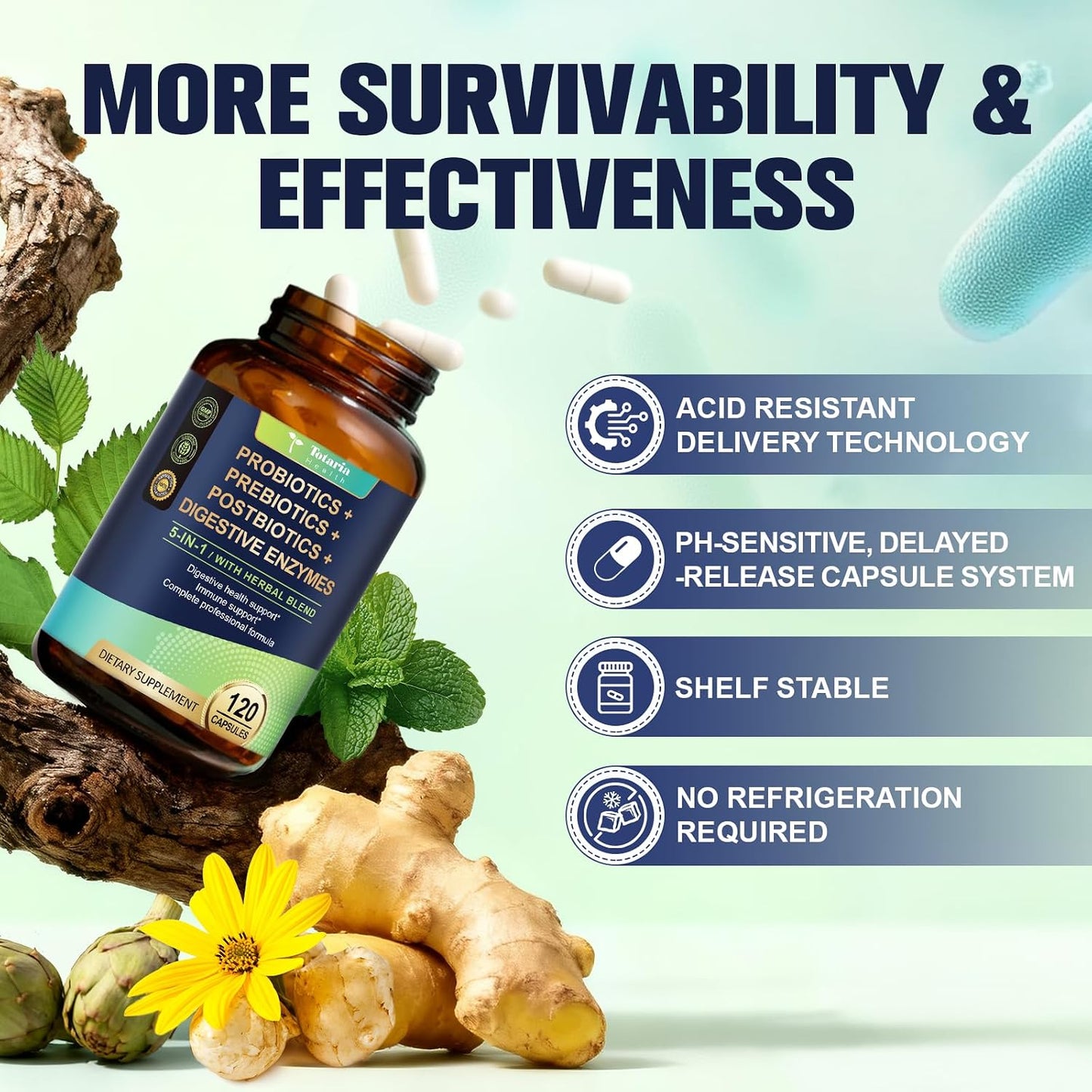 Totaria 5-in-1 60 Billion CFU Probiotic Prebiotic & Postbiotic for Women & Men, w/Digestive Enzymes, Slippery Elm, Daily Complete Gut Health, Digestive & Immune Support, 4 Month Supply, Vegan