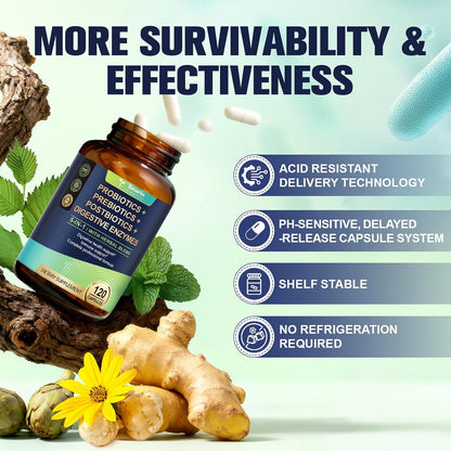 Totaria 5-in-1 60 Billion CFU Probiotic Prebiotic & Postbiotic for Women & Men, w/Digestive Enzymes, Slippery Elm, Daily Complete Gut Health, Digestive & Immune Support, 4 Month Supply, Vegan