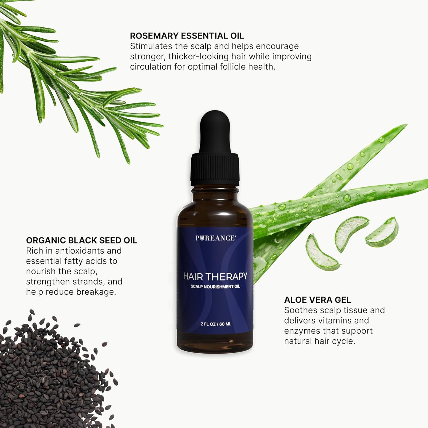 PUREANCE Hair Therapy - Hair Growth Oil for Dry & Frizzy Hair | Scalp Serum for Women & Men - Aloe Vera Gel, Castor, Argan, Black Seed, Rosemary & Peppermint Essential Oils & More - 2 Fl OZ