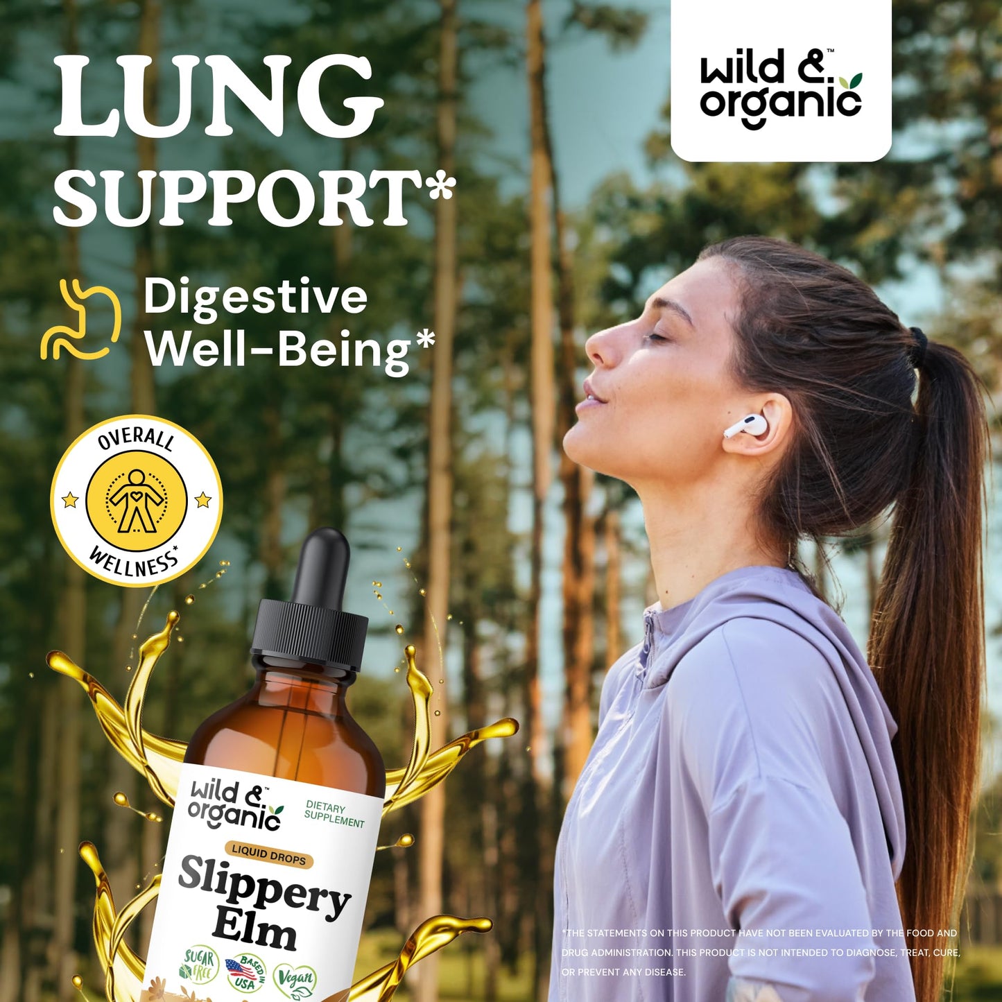 Wild & Organic Slippery Elm Liquid Drops - Lung, Digestive & Women's Support - Slippery Elm Bark Supplement - Add to Tea Tincture - Ulmus Rubra Herb - Vegan, Sugar & Alcohol-Free - 4 fl oz