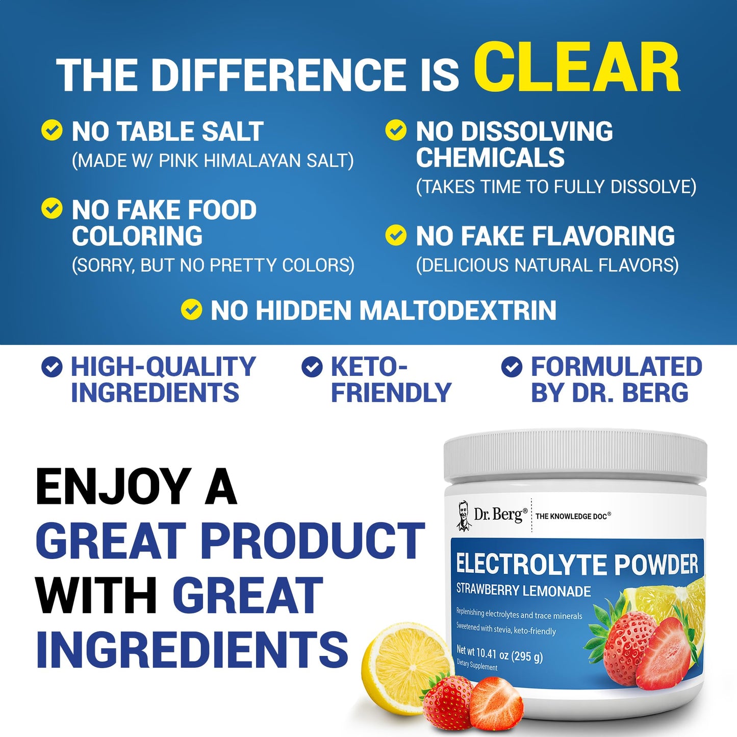 Dr. Berg Zero Sugar Hydration Keto Electrolyte Powder - Enhanced w/ 1000 mg of Potassium & Real Pink Himalayan Salt (NOT Table Salt) - Strawberry Lemonade