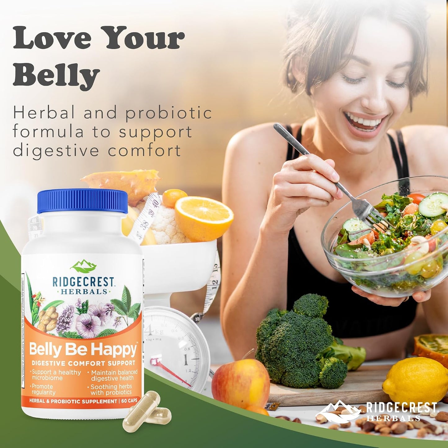 RidgeCrest Herbals Belly Be Happy Probiotic Gut Health Formula 60 Ct | 30 Servings, 4 Billion CFUs, Ginger Root, Peppermint, Slippery Elm, Daily Digestive Comfort and Gut Wellness Blend