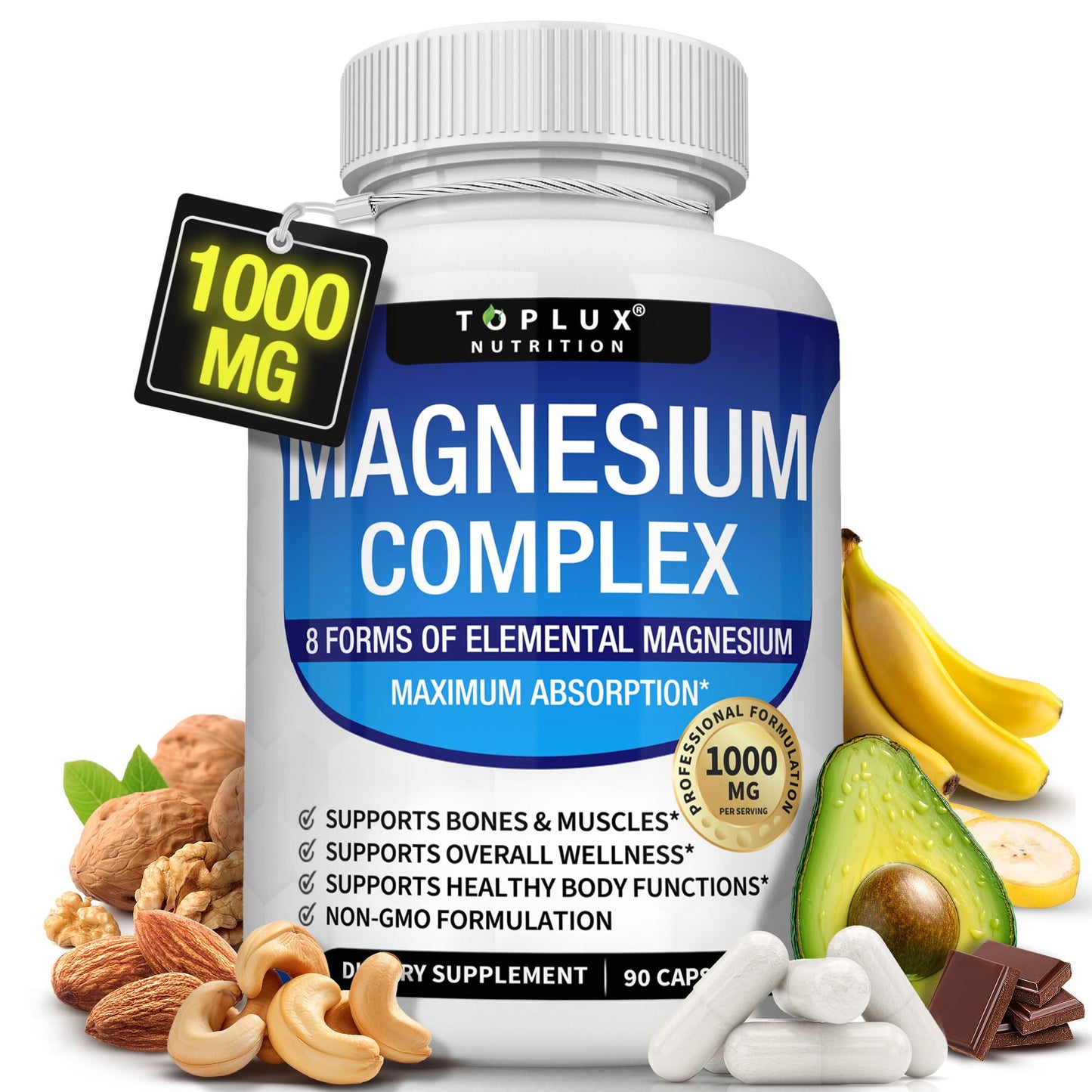 Magnesium Complex Supplement 8 Elemental 1000mg - Magnesium Glycinate, Citrate, Malate, Taurate, Chelated for Easy Absorption for Bones, Muscle, Recovery, Energy, Vegan Non-GMO 90 Capsules TopluxBuy Supplements Australia