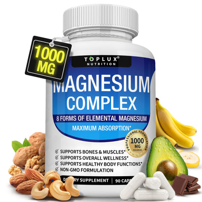 Magnesium Complex Supplement 8 Elemental 1000mg - Magnesium Glycinate, Citrate, Malate, Taurate, Chelated for Easy Absorption for Bones, Muscle, Recovery, Energy, Vegan Non-GMO 90 Capsules TopluxBuy Supplements Australia