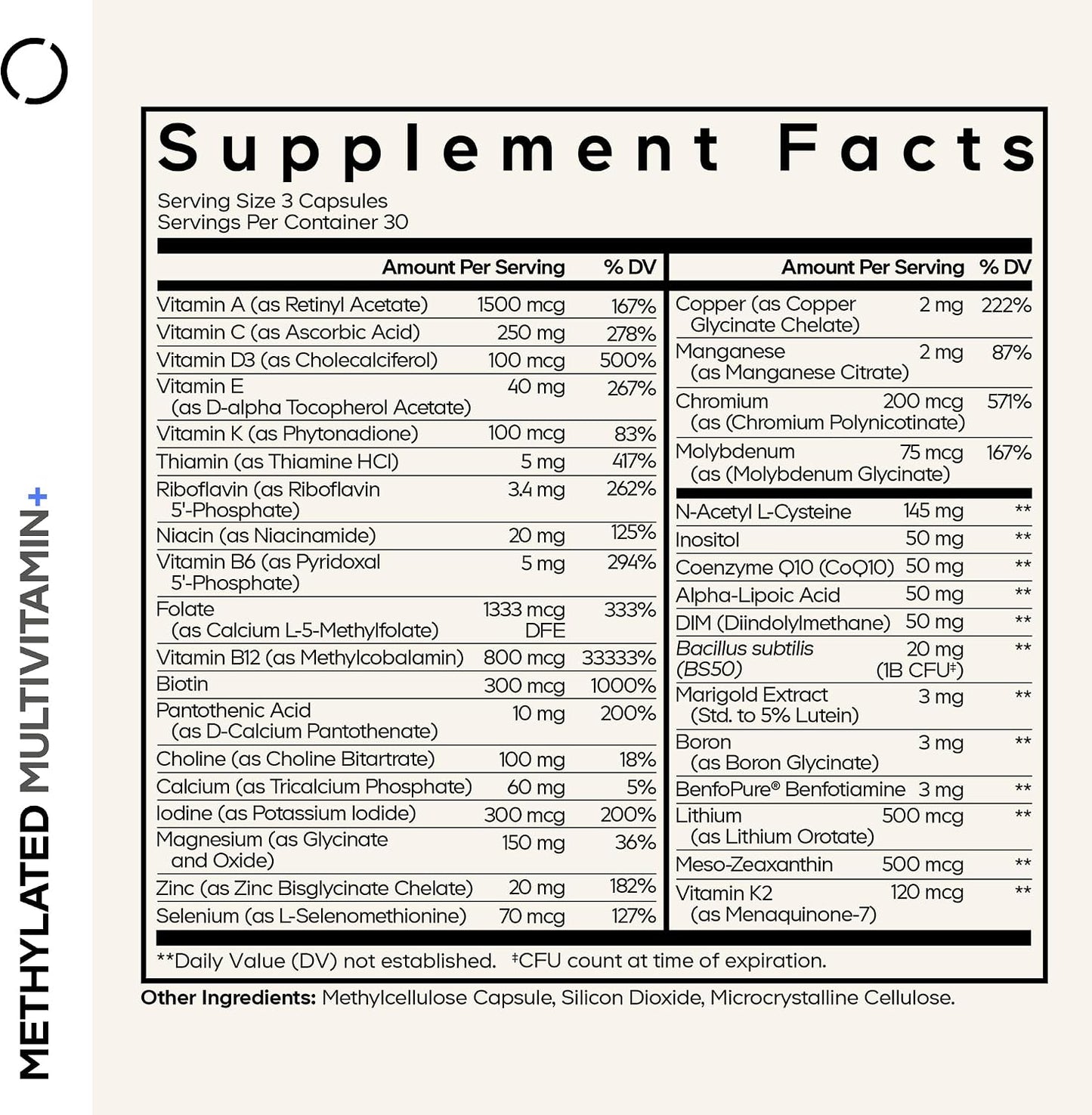 Codeage Methylated Multivitamin Supplement - B-Vitamin, Vitamins A, C, D, E, K2, B12 Methylcobalamin - L-Methylfolate - Magnesium, CoQ10, DIM, Probiotics, Benfotiamine, Lithium, Calcium - 90 Capsules