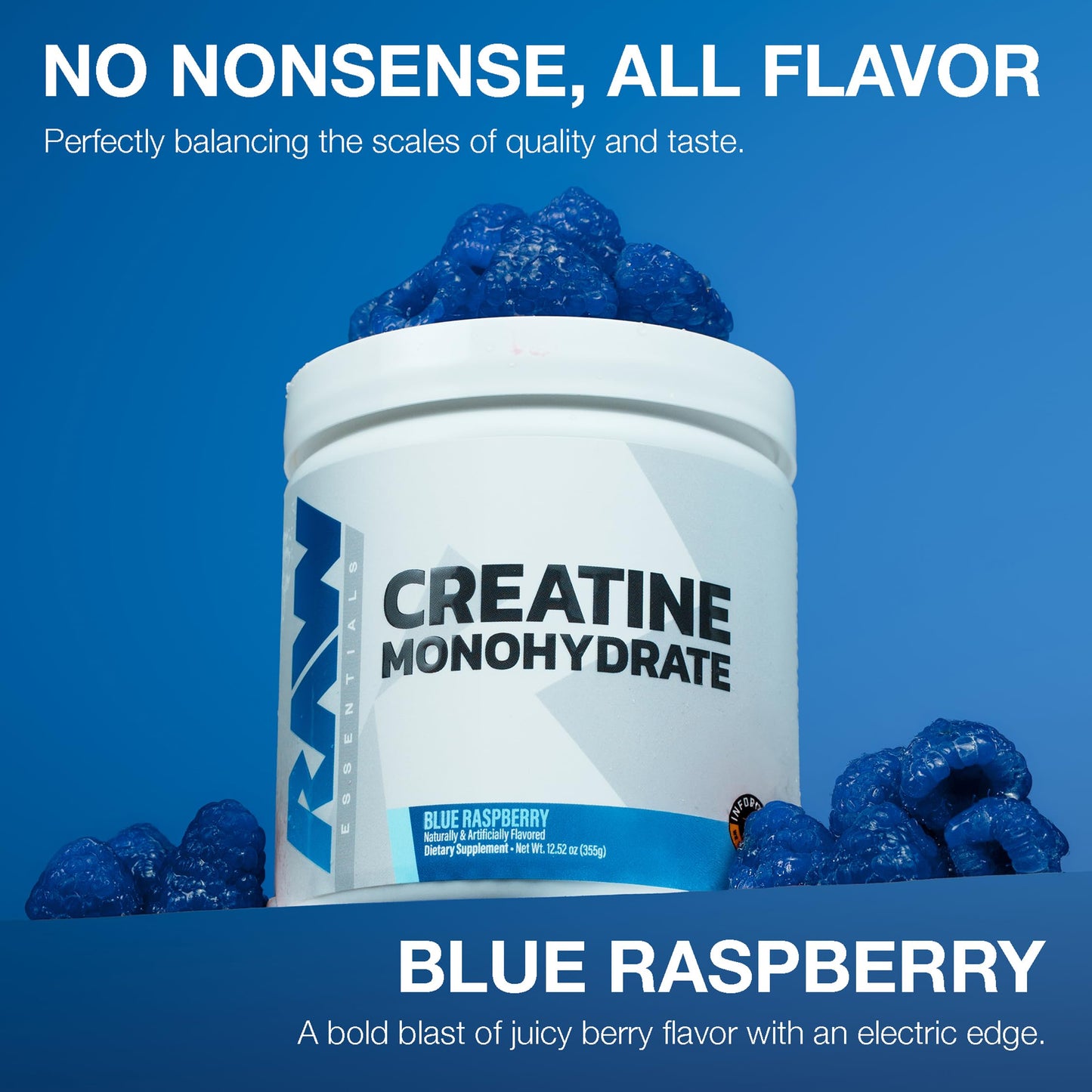 RAW Nutrition Creatine Monohydrate Powder, Blue Raspberry (30 Servings) - Micronized Creatine Monohydrate Supplement for Workout Performance, Build Muscle & Strength