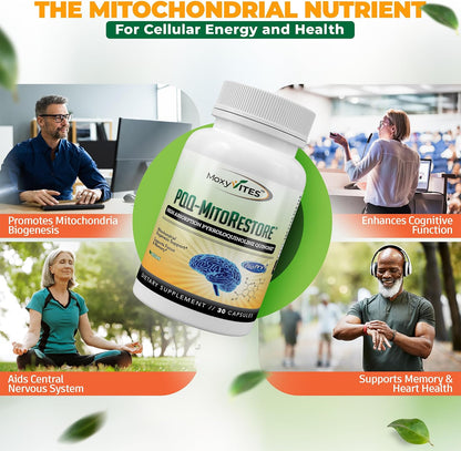 PQQ MITORESTORE Brain Supplements for Memory and Focus - Mitochondria Supplement with BioPQQ 20mg - Purest Form NOT Chemically Synthesized, Cognitive and Heart Support - 30 Vegan Capsules, Non GMO