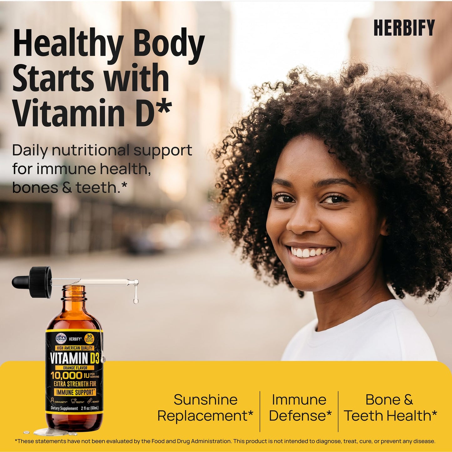 HERBIFY Vitamin D3 10000 IU - Made in USA Liquid Vitamin D Drops - Bone Strength and Immune Support Supplement - Sunshine Replacement - D3 Vitamin Bone and Teeth Supplement - 30 Days Supply - 2 Oz