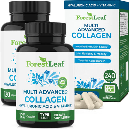 ForestLeaf Multi Collagen Pills with Hyaluronic Acid + Vitamin C | Hydrolyzed Collagen Supplements for Women or Men | Multi Collagen Capsules Peptides for Skin, Wrinkles, 120 Caps