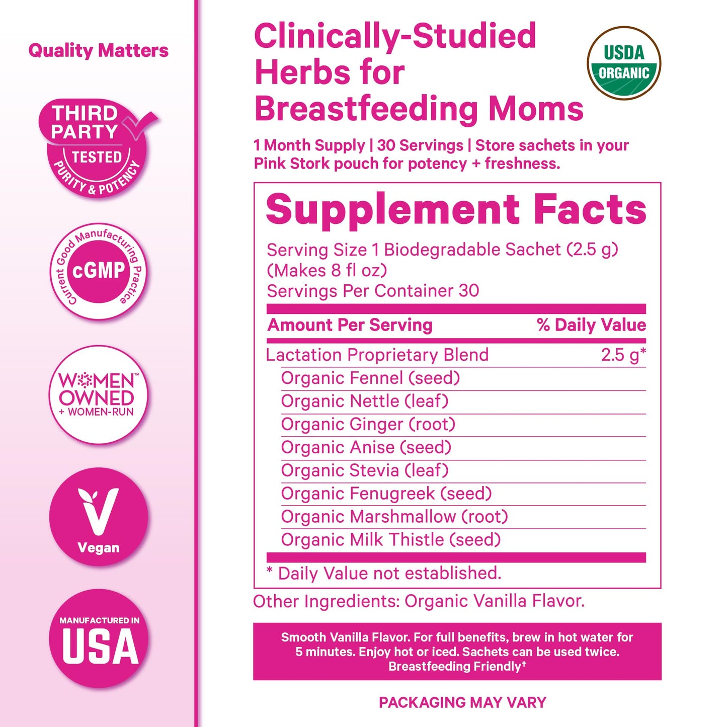 Pink Stork Organic Lactation Tea – Fenugreek, Fennel, Milk Thistle + More – Support for Breastfeeding, Pumping, Hydration, Milk Flow – Smooth Vanilla – 15 Sachets, Caffeine-Free
