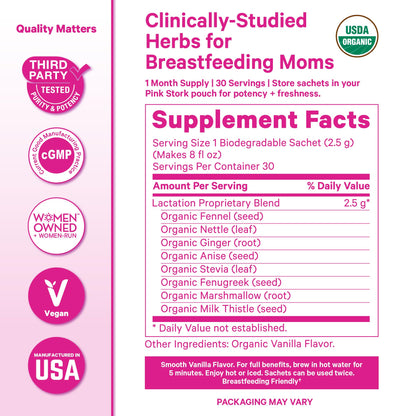 Pink Stork Organic Lactation Tea – Fenugreek, Fennel, Milk Thistle + More – Support for Breastfeeding, Pumping, Hydration, Milk Flow – Smooth Vanilla – 15 Sachets, Caffeine-Free