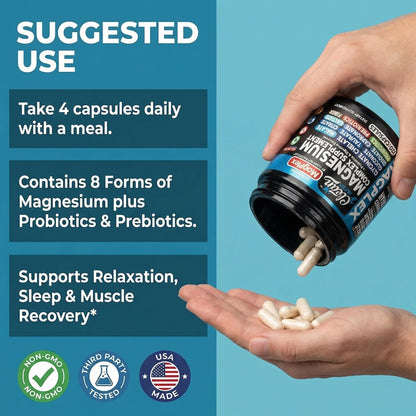 8in1 Magnesium Supplement Complex | Magnesium Glycinate Citrate Malate Gluconate Orotate Carbonate Lactate + Prebiotics Probiotics Digestive Enzymes Magnesio Capsules for Women Men By Clean Nutra Clean Nutraceuticals buy supplements Au