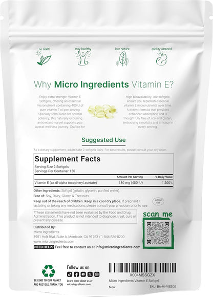Micro Ingredients Vitamin E 400IU, 300 Softgels | Pure Vitamin E Oil Pills | Antioxidant Supplements for Skin, Face, Heart, & Immune Health | Non-GMO, Gluten Free*