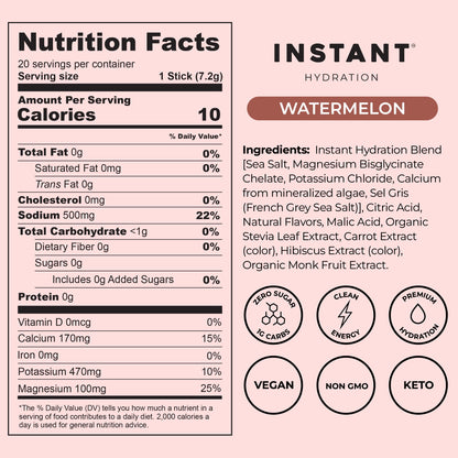 Instant Hydration Sugar Free Electrolytes Powder Packets Variety Pack - Watermelon, Raspberry, Lemon Lime Drink Mix & Travel Essentials with Magnesium and Potassium - Post Workout Recovery - 20 Sticks