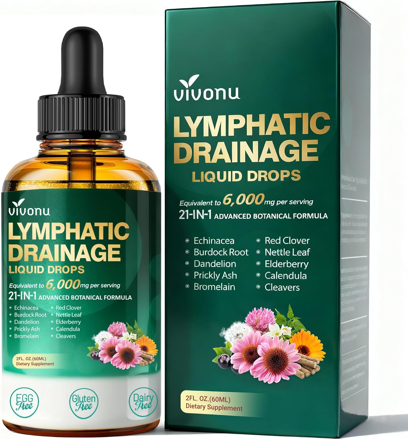 VivoNu 21-in-1 Liposomal Lymphatic Drainage Drops – Advanced Herbal Detox & Immune Booster with Echinacea, Burdock Root, Elderberry & Seaweed Extract – 6000mg High Potency, 2 fl oz