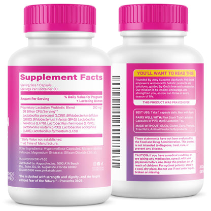 Pink Stork Lactation Probiotic, 30 Billion CFUs, 30 Capsules | Multi Strain Postnatal Probiotics for Breastfeeding Women, Support Breast Milk & Gut Health, Postpartum Essentials