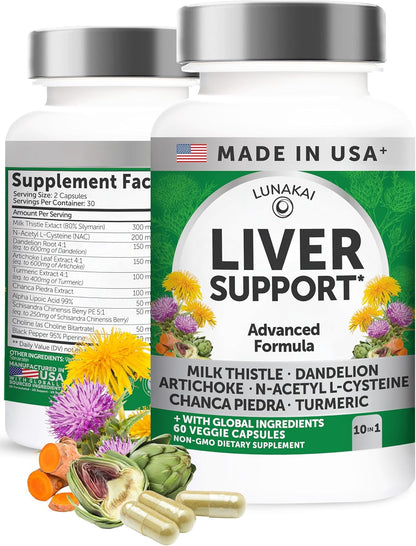 Lunakai USA Made Liver Cleanse Detox & Repair - 10-in-1 with Milk Thistle & NAC – Liver Support Supplement Capsules for Men & Women, Daily Health, Non-GMO, 60ct