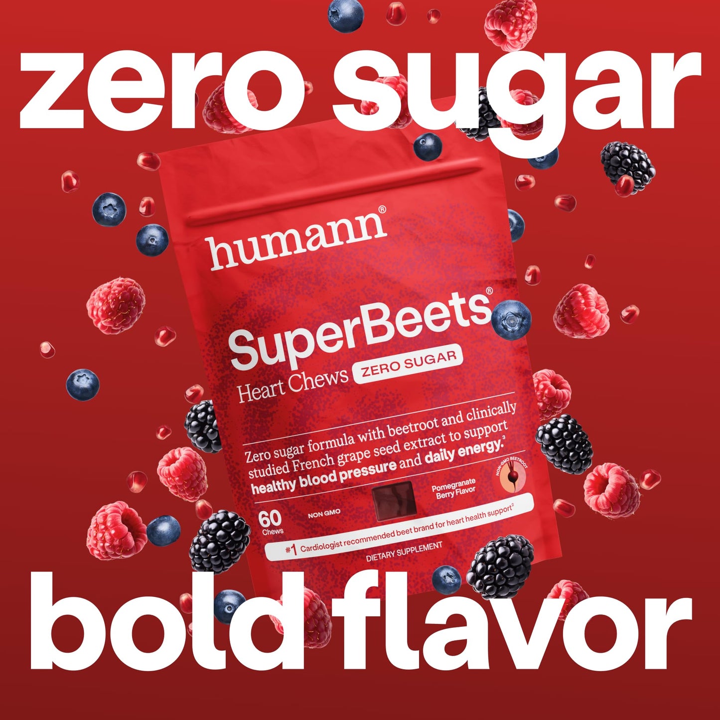 HumanN SuperBeets Heart Chews Zero Sugar, Beet Root Supplement, Energy, Nitric Oxide and Blood Pressure Support, Grape Seed Extract & Non-GMO, Heart Health, Pomegranate Berry Flavor, 60 Count