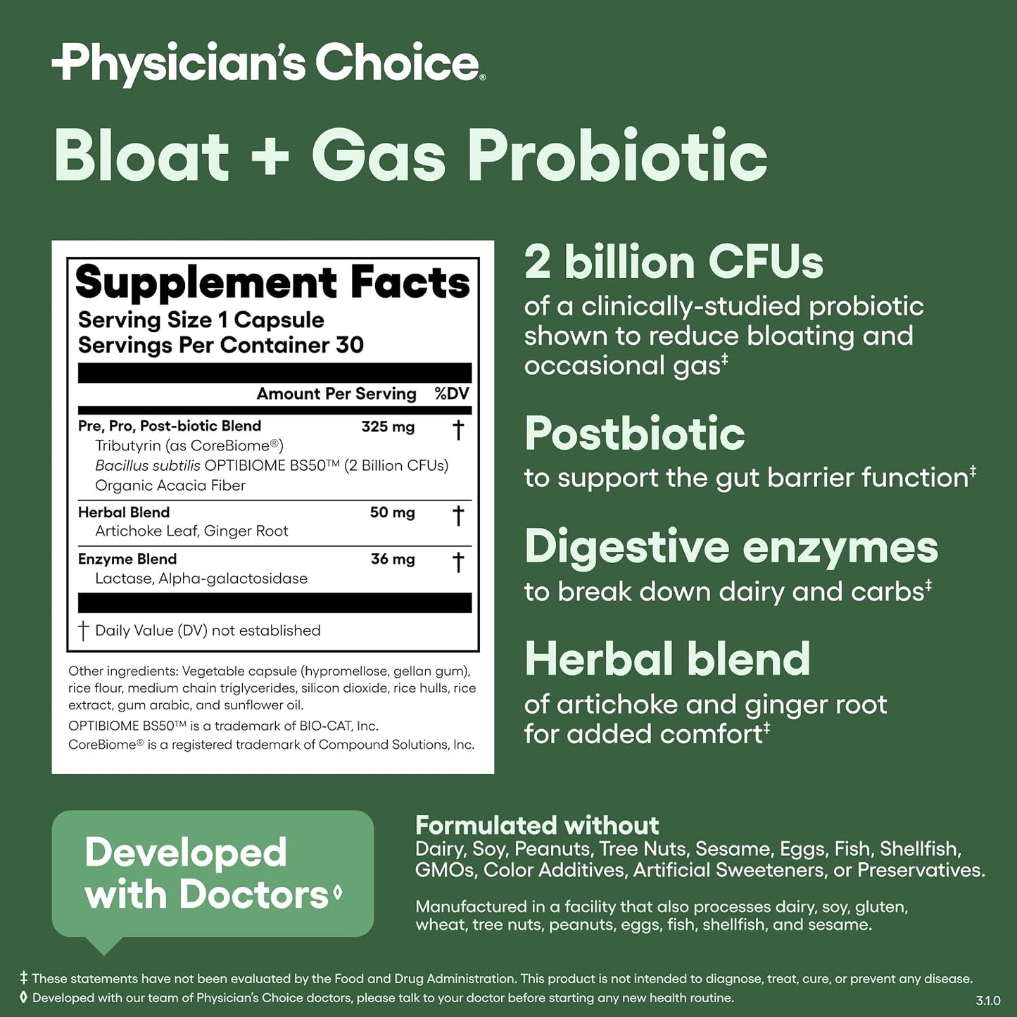 Physician's CHOICE Bloat & Gas Probiotic 5-in-1 Proactive Support + Daily Relief - Digestion & Gut Health- Herbals, Digestive Enzymes, Post & Prebiotics - Gas Relief for Adults - Women & Men - 30ct