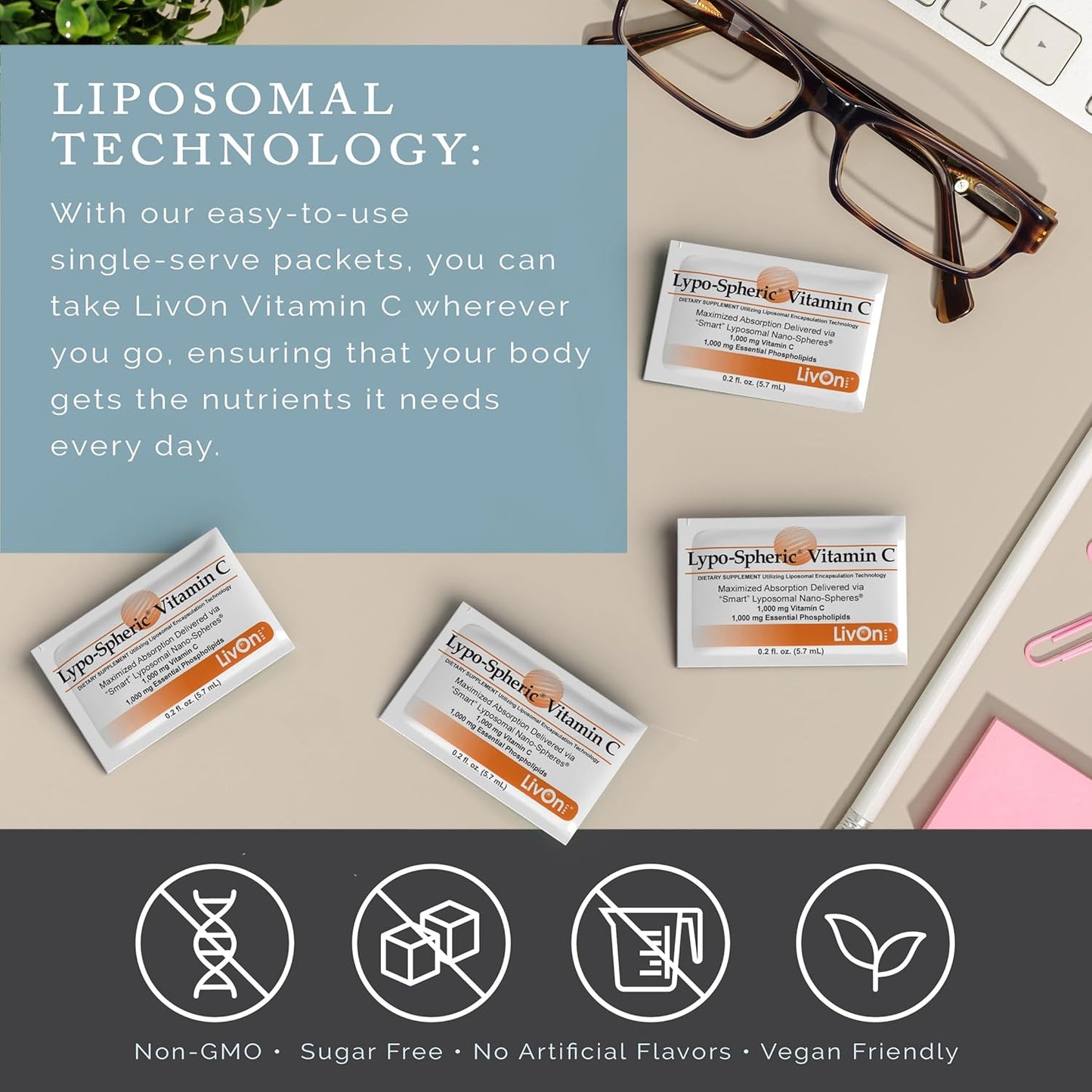 LivOn Laboratories Lypo–Spheric Liposomal Vitamin C 1000mg - No Sugar, Immune Support, Plant Based - Easy to Swallow, Absorbable - Non–GMO, Gluten Free (0.2 fl oz Individual 30 Packets)