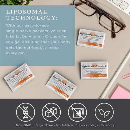 LivOn Laboratories Lypo–Spheric Liposomal Vitamin C 1000mg - No Sugar, Immune Support, Plant Based - Easy to Swallow, Absorbable - Non–GMO, Gluten Free (0.2 fl oz Individual 30 Packets)
