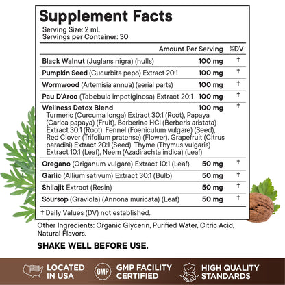 Wormwood Black Walnut Cleanse for Humans Drops Liquid Soursop Garlic Pumpkin Seed PAU D'Arco Oil of Oregano Turmeric Berberine Neem Extract Hull Bark Tincture - 4 oz