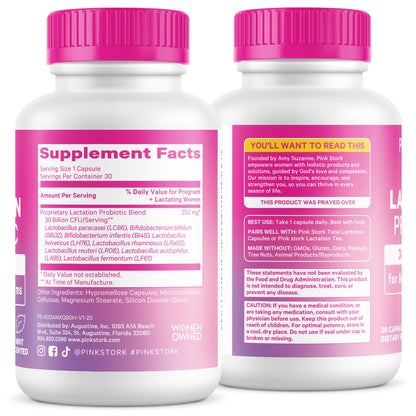 Pink Stork Lactation Probiotic, 30 Billion CFUs, 30 Capsules | Multi Strain Postnatal Probiotics for Breastfeeding Women, Support Breast Milk & Gut Health, Postpartum Essentials