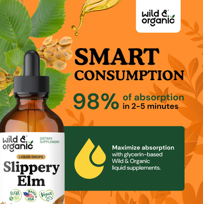 Wild & Organic Slippery Elm Liquid Drops - Lung, Digestive & Women's Support - Slippery Elm Bark Supplement - Add to Tea Tincture - Ulmus Rubra Herb - Vegan, Sugar & Alcohol-Free - 4 fl oz