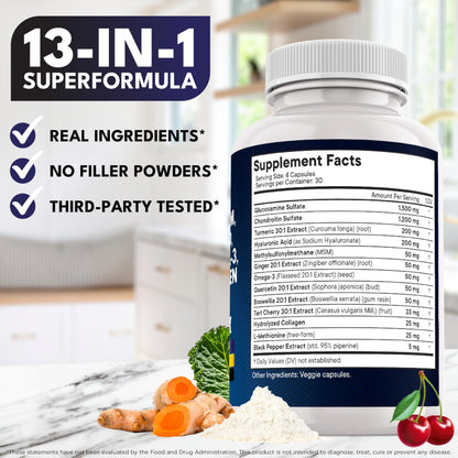Glucosamine Chondroitin, MSM, Turmeric Curcumin, Collagen, Hyaluronic Acid, Omega 3 – Health Supplement for Men & Women – 240 Count