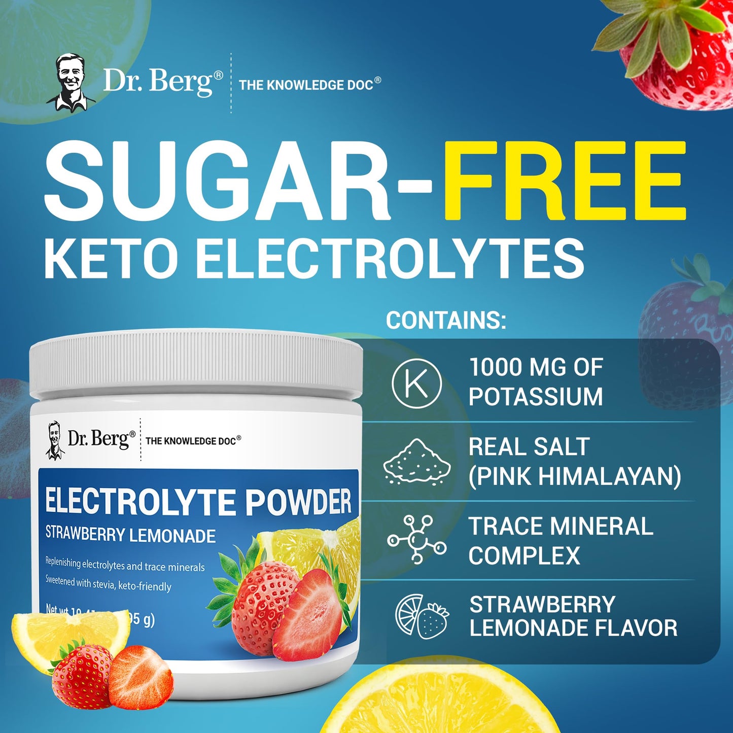 Dr. Berg Zero Sugar Hydration Keto Electrolyte Powder - Enhanced w/ 1000 mg of Potassium & Real Pink Himalayan Salt (NOT Table Salt) - Strawberry Lemonade