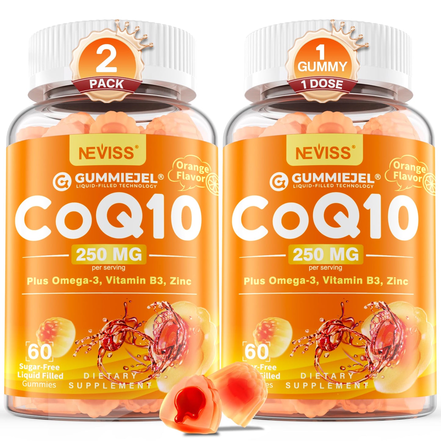 Sugar-Free CoQ10-250mg / 500mg Filled Gummies - Plus Omega-3, EPA + DHA, B3 & Zinc - Ultra Co Q-10 Supplements for Hear-t Health, Cellular Energy, Antioxidant Support, Up to 60 Day Supply, Vegan 60Cts