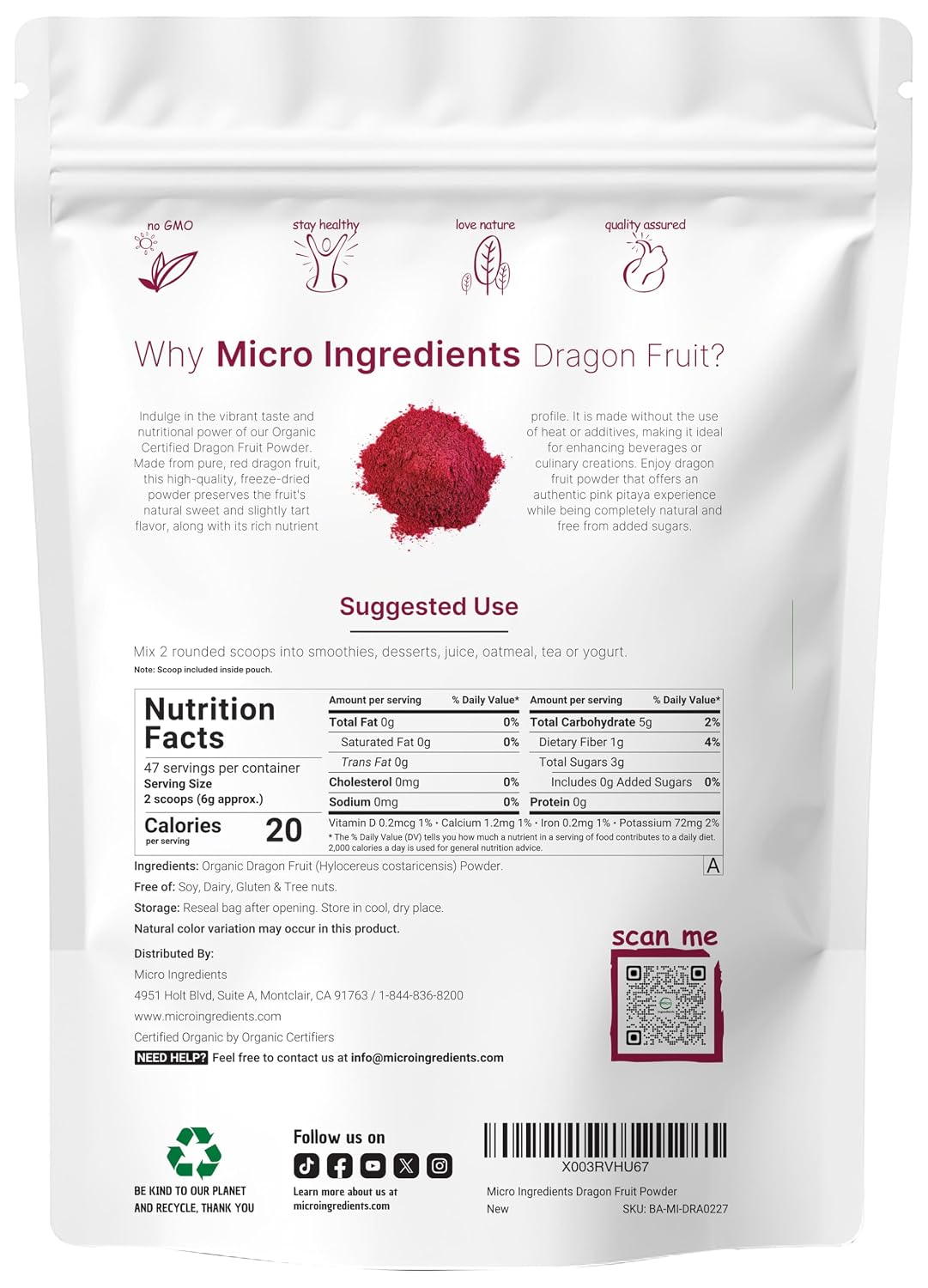 Micro Ingredients Organic Dragon Fruit Powder, 10oz | Natural Fruit Flavor | Freeze-Dried Pink Pitaya Source | No Sugar & Additives | Great for Drinks, Smoothie, & Beverages | Non-GMO & Vegan Friendly