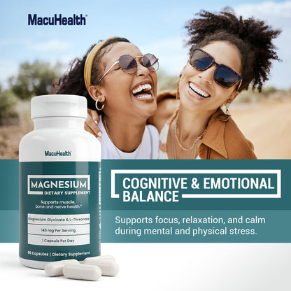 MacuHealth Magnesium Glycinate & L-Threonate 145mg - 90 Capsules - Highly Absorbable Magnesium for Energy, Calm & Focus - Gentle on Stomach, Vegan, Non-GMO - Premium Chelated Magnesium Supplement MacuhealthBuy Supplements Australia