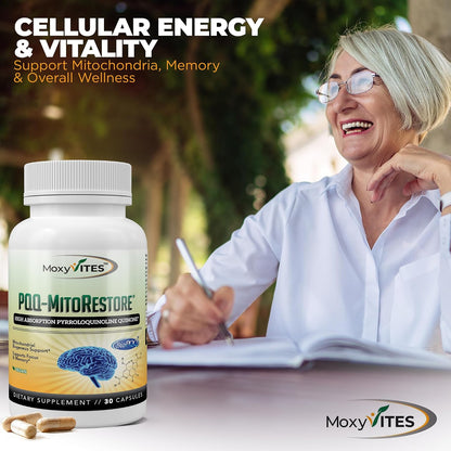 PQQ MITORESTORE Brain Supplements for Memory and Focus - Mitochondria Supplement with BioPQQ 20mg - Purest Form NOT Chemically Synthesized, Cognitive and Heart Support - 30 Vegan Capsules, Non GMO