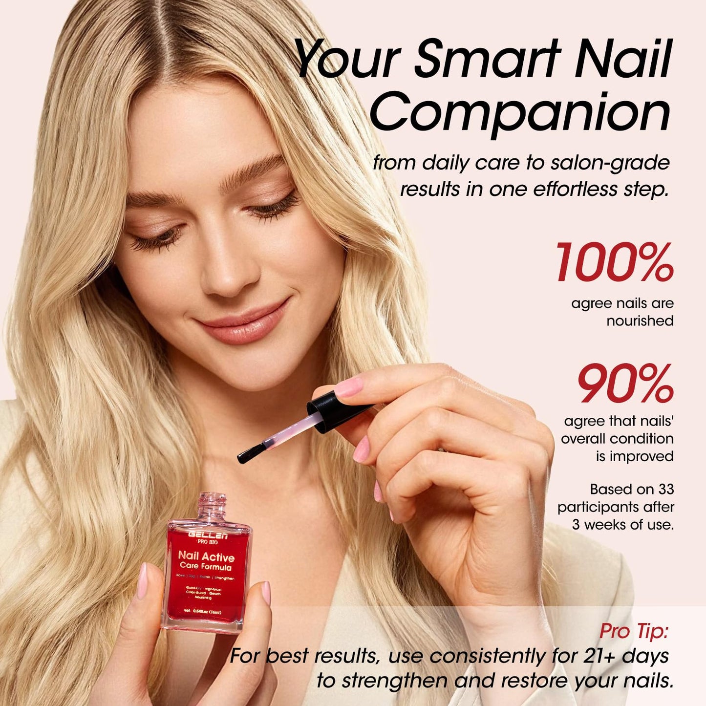 Gellen Active Glow Nail Polish One Step Ridge Filler Nail Strengthener with Hexanal & Pro-VE B5, Pomegranate Seed Oil for Healthier Glossier Nails