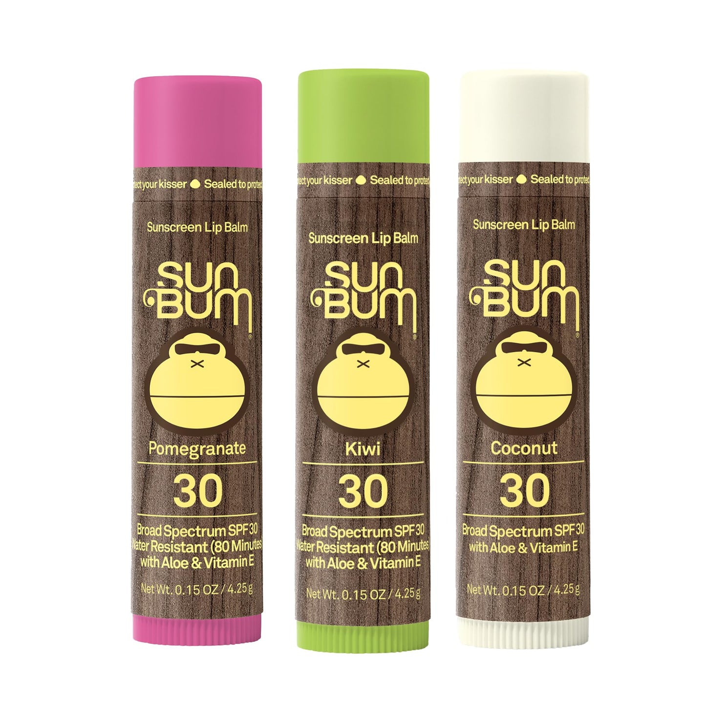 NEW Sun Bum SPF 30 Sunscreen Tropical Lip Balm 3 Pack - Pomegranate, Kiwi, Coconut - Moisturizing Aloe Vera and Vitamin E