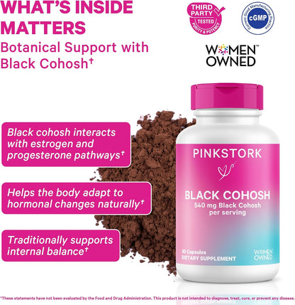Pink Stork Black Cohosh Supplements for Women, 540 mg, 30 Capsules | Pure Black Cohosh, Supports Hormone Balance for Fertility, Perimenopause + Menopause Comfort