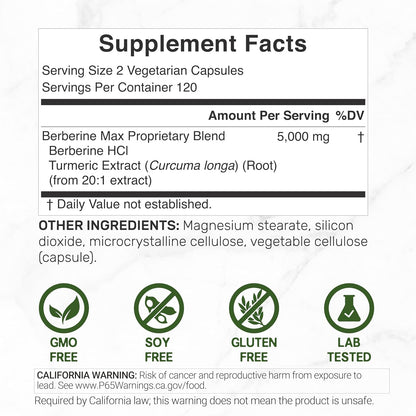 DEAL SUPPLEMENT Berberine Max Supplement with Turmeric, 5000 mg** Per Serving, 240 Vegetarian Capsules | Berberine HCl with Turmeric Root Extract | Non-GMO