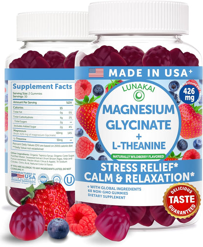 Lunakai USA Made Magnesium Glycinate Gummies 426mg with L-Theanine – Calm, Sleep, Stress Relief for Adults & Kids, Non-GMO, Vegan, 60ct