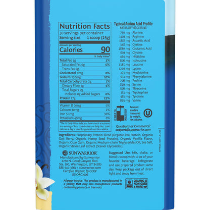 Sunwarrior Vegan Protein Powder Organic Plant-Based Protein | BCAA Amino Acids Hemp Seed Plant Protein | Soy Free Dairy Free Gluten Free Synthetic Free Non-GMO
