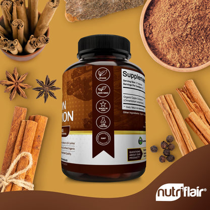 NutriFlair Organic Ceylon Cinnamon Supplement 1200mg, 120 Capsules - USDA Certified - Non-GMO, Gluten Free Powder, Antioxidant Pills