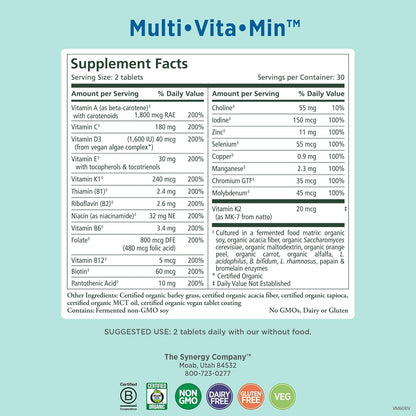 PURE SYNERGY Multi·Vita·Min | Vegan Multivitamin Made with Organic Whole Foods | Twice Daily Supplement for Men and Women | Core Nutrients for Energy, Mood, Immune, and Bone Health (60 Tablets)