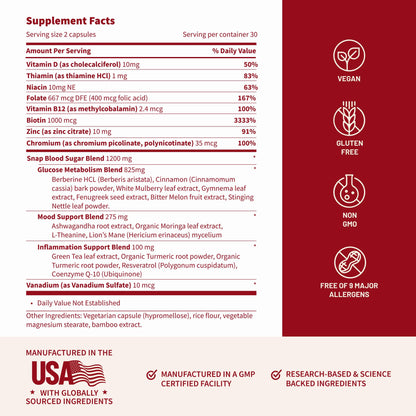Snap Supplements Blood Sugar Blend with Berberine, CoQ10, 60 Vegan Capsules | Support Already Healthy Blood Sugar, Metabolic Health and Energy, Sugar Free, with CoQ10, Cinnamon (Packaging May Vary)
